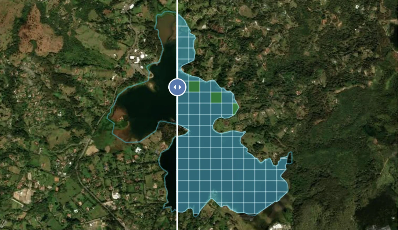 SWIM · Vorher-Nachher-Vergleich: Satellitenbild und Analyse-Raster